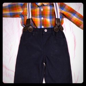 2 piece plaid shirt with suspenders pants